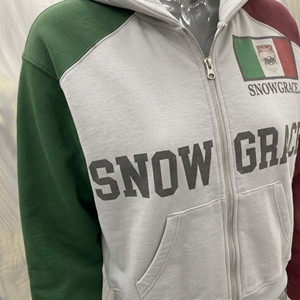 Sweat-shirt à capuche zippé pour homme Snowgrace, vert et gris, blocs de couleur, manches raglan, logo imprimé sur le devant, vêtement décontracté d'automne - Product Image 5