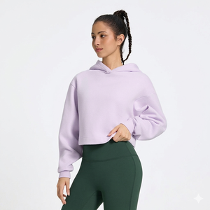 Sweat-shirt court à capuche pour femme, couleur lavande unie, tricoté, respirant, manches longues, style oversize, idéal pour l'automne - Product Image 1