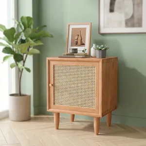 Solid Wood Rattan Caning One Door Two Compartment <b>Bedside</b> <b>Table</b> Natural Cane Cabinet Wooden Stand Bedroom Living Room Furniture - Product Image 6