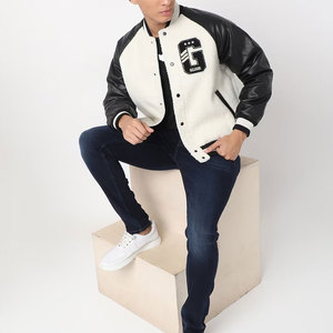 Veste varsity en laine blanche pour homme avec col montant et logo G brodé sur le devant, coupe-vent décontractée pour l'hiver - Product Image 6