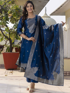 Teal Silk Embroidered <b>Kurta</b> Set With Dupatta Traditional <b>Indian</b> Wedding Wear Women Knee-Length Regular Fit Diwali Dress - Product Image 4