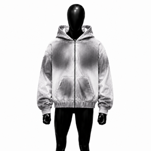 Sudadera con capucha gris y blanco degradado con cremallera, estilo urbano oversize, unisex, premium, con capucha y cremallera completa, vintage, informal, para otoño. - Product Image 1