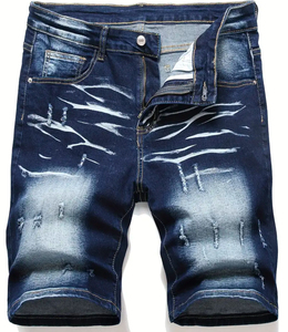 Shorts en jean déchirés pour hommes, longueur genou, style streetwear décontracté, en coton extensible, respirant, imperméable, délavé à l'acide, vente en gros, OEM - Product Image 1