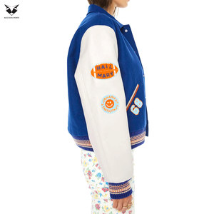 Newest Trendy Blue Varsity <b>Jacket</b> With <b>White</b> Sheep Embroidery Patchwork Sleeve Full Length Autumn Wear Turn Down Collar - Product Image 3