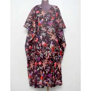 Caftán de Tela con Estampado de Bloques Personalizado de Alta Calidad, Diseño con Cordón Ajustable en la Cintura, Corte Holgado, Largo, para Playa, Verano, para Mujer - Product Image 1