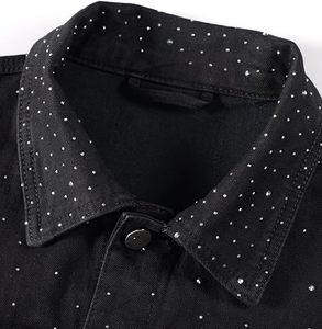 Veste en jean noire pour homme avec motif à pois en strass, col rabattu, manches classiques, style décontracté pour l'automne, avec capuche à strass - Product Image 4