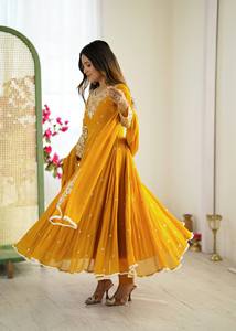 Costume Anarkali traditionnel pour femmes avec dupatta brodé, coupe ample, longueur au sol, en polyester, pour mariage, style Inde Pakistan - Product Image 3