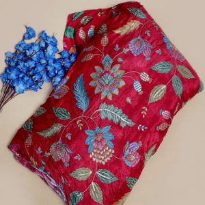 Tissu en organza naturel de poids moyen, brodé de sequins et de motifs floraux rouge cramoisi, pour robes de mariée/de cérémonie de luxe - Product Image 3