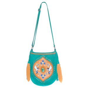 Sac à bandoulière en cuir violet antique à rabat usiné à la main et peint à la main avec un design d'hirondelle entourant une grande pierre Lapis Lazuli - Product Image 1