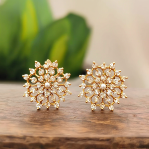 24K Gold Plated Number Stud Earrings with Zircon and Pearl - Product Image 3