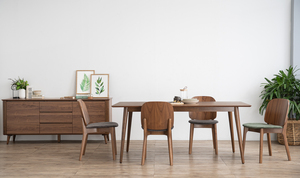 Modern Japandi Dining Chair with Curved Walnut <b>Backrest</b> and Olive Green Upholstered Seat for Minimalist Dining Room - Product Image 5