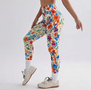 High Waist Full Length Floral Printed Knitted Spandex <b>Leggings</b> Sporty Women's Stretch <b>Summer</b> Wear - Product Image 2