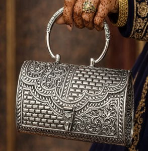 Trapezoidal <b>silver</b> brass hand <b>clutch</b> featuring a scalloped flap, textured geometric lower panel, leaf border,at wholesale prices - Product Image 4