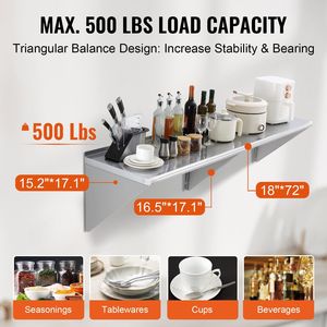 Étagères murales flottantes en acier inoxydable de 18 po x 72 po, capacité de charge lourde commerciale de 500 lb, étagères murales de 18 po x 72 po - Product Image 3