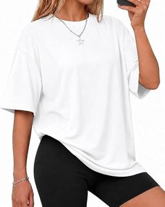 Camiseta Holgada de Cuello Redondo y Manga Corta para Mujer, Informal, Lisa, 100% Algodón, Tejido de Punto, 240g - Product Image 3