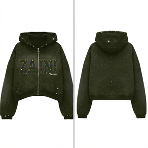 Sweat à capuche zippé pour femme, 380 GSM, coton polyester polaire de qualité supérieure, vert olive foncé, design avec strass, broderie personnalisée, impression de logo - Product Image 1