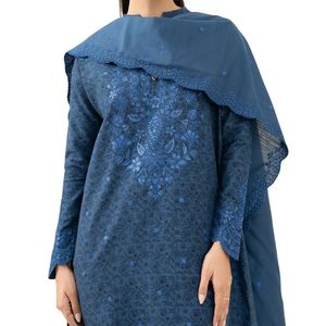 Shalwar Kameez Azul Bordado para Mujer, Algodón Suave, Transpirable, Cómodo, Estilo Elegante, Conjunto de 3 Piezas - Product Image 4