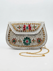 Luxury Antique Metal Frame Ethnic Casual Evening <b>Clutch</b> Bag Handcrafted Mirror Multi-Color <b>Pearl</b> Stone Studded Women Party Purse - Product Image 2