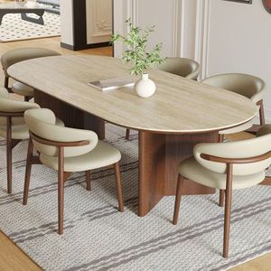 Juego de Mesa de Comedor Ovalada de Madera de Teca Moderna con Sillas Tapizadas, Diseño Minimalista Elegante, Base de Madera Sólida - Product Image 1