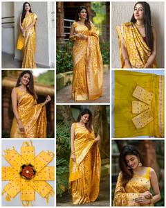 Sari de Seda Banarasi Amarillo Premium, Tejido Tradicional con Zari Dorado, Diseño Floral Butta, Prenda Étnica de Lujo para Bodas Indias de Invierno - Product Image 4