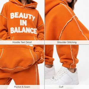 Survêtement à capuche personnalisé en molleton de coton épais pour femme, avec impression en relief et joggers en molleton bouclette à coutures apparentes - Product Image 6