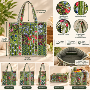 Sac fourre-tout en coton matelassé fait main, imprimé floral vert foncé, sac de shopping bohème - Product Image 6