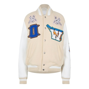 Off-White Beige PU Leather Varsity Jacket Embroidered Letter Patches <b>Turn</b>-Down Collar <b>Button</b> Closure Preppy Style Winter Wear - Product Image 1