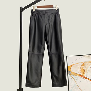 2026 Spring New Genuine Leather Pants Women Sheepskin High Waist Straight Pants Slim <b>fitting</b> Casual <b>Black</b> Leather Ankle Pants - Product Image 3