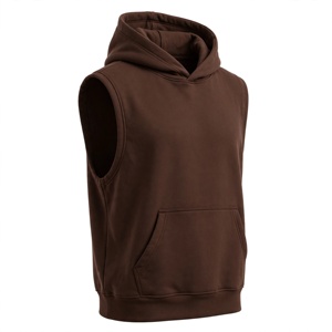 <b>Men's</b> <b>Sleeveless</b> Hooded Fleece Vest 100% Cotton Front Logo Brown Solid Color Casual Regular Fit Pocket Design Winter Wear - Product Image 3