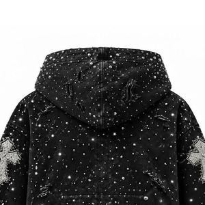 Sweat à capuche zippé pour homme, style gothique, avec croix en strass, effet usé, délavé à l'acide, avec patchs noirs - Product Image 2
