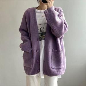 Cardigan en tricot 100 % coton bleu haut de gamme pour femme, col en V, manches longues, boutonné, style décontracté, coupe ample - Product Image 6