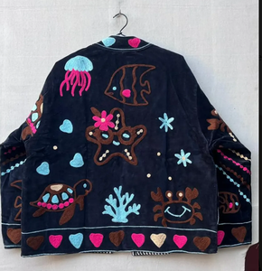 Sujani Bomber Leather <b>Jacket</b> Reversible Floral Design Autumn Stand Collar - Product Image 2