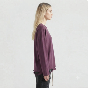 T-shirt Grunge Oversize Femme Effet Usé Coupe Ample Épaules Tombantes Manches Longues Col Rond Tissu Épais - Product Image 5