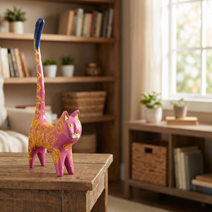 Statue d'animal en bois d'albizia faite à la main, queue de chat, rose, or, violet, artisanat de Bali, décoration d'intérieur, sculpture en bois, cadeau, ornement - Product Image 2