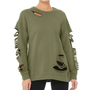 <b>Women</b> <b>Black</b> Color Distressed <b>Sweatshirts</b> Cut Out Streetwear Terry Fleece Cut Sleeves Drop Shoulder Ripped Distress <b>Sweatshirts</b> - Product Image 2