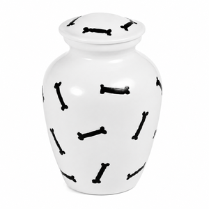 Urne funéraire artisanale blanche pour cendres d'animaux (chien, chat) - Souvenir commémoratif en métal avec motif imprimé os noir et fermeture sécurisée - Product Image 1