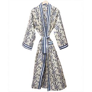 Robe Kimono Longue 100% Coton pour Femme, Col en V, Imprimé Palmiers Bleus, Décontractée, Respirante, avec Ceinture, Vêtement de Nuit et d'Été - Product Image 3