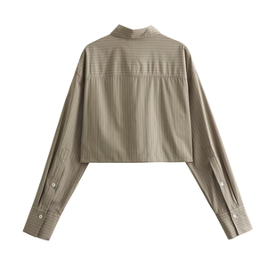 Camisa corta a rayas para mujer, manga larga, cuello vuelto, top informal tejido, corte regular, para todas las estaciones - Product Image 2