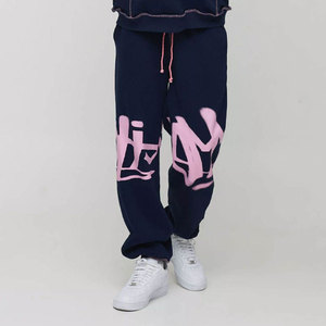 Ensemble de survêtement unisexe bleu marine et rose à imprimé lettres, coupe ample, style streetwear, sweat-shirt et pantalon de jogging en coton pour adultes, collection automne - Product Image 3
