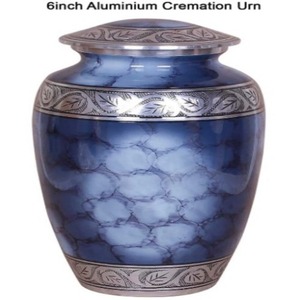 Urna Funeraria de Aluminio Azul, Recipiente Decorativo para Cenizas con Patrón de Hojas Plateadas, Recuerdo Conmemorativo Metálico - Artesanía India - Product Image 6