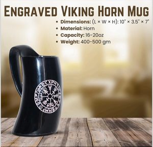 Mug à boire en corne artisanale viking, poignée ergonomique, matériau en corne authentique, noir avec runes - Product Image 3