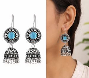 Wholesale Brass Zinc Alloy <b>Silver</b> Plated Blue Stone Imitation Pearl Bezel Setting <b>Chandelier</b> Earrings Handmade Dangle Bohemia - Product Image 2