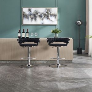 Set of 2 Swivel Height <b>Adjustable</b> <b>Bar</b> <b>Stools</b> with Chrome Footrest Base Velvet Top Simple <b>Bar</b> <b>Stool</b> Mechanical Lifting Mechanism - Product Image 2