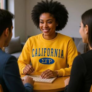 เสื้อสเวตเชิ้ต Sigma Gamma Rho สีทองสำหรับผู้หญิง ลายกรีก ออกแบบด้วยตัวอักษรและกราฟิกของชมรม พร้อมปักชื่อชมรมแบบกำหนดเอง - Product Image 1