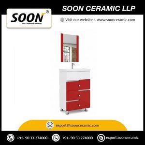SOON ตู้ห้องน้ำสีแดงทันสมัยพร้อมกระจก อ่างเซรามิก ทาสีขาวด้วย PVC แบบตั้งพื้น 58 x 44 x 76 ซม. - Product Image 5
