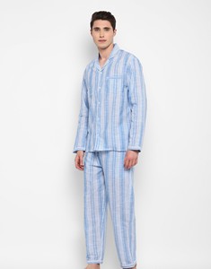 Pyjama en coton rayé pour homme, manches longues, vêtements de nuit décontractés, tissu tissé doux d'été avec poches - Product Image 3