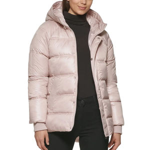 Women's Hooded <b>Quilted</b> Puffer Jacket Solid Color Full Sleeve Zipper Closure <b>Winter</b> Wear - Product Image 6