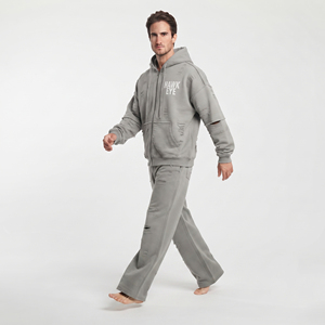 Custom Logo Men Cotton Fleece Tracksuit Set Distressed <b>Full</b> <b>Zip</b> <b>Hoodie</b> Drop Shoulder Relaxed Fit Joggers Pants - Product Image 5