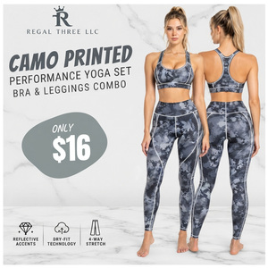 Ensemble de vêtements de sport pour femmes, soutien-gorge racerback et leggings taille haute, 2 pièces, 100% polyester, imprimé camouflage, ensemble de yoga à séchage rapide, pour femmes - Product Image 1