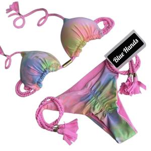 Ensemble de bikini tie-dye bleu pour femmes, 2 pièces, dégradé de couleurs, bikini à franges, maillot de bain en spandex et polyester extensible, vêtements de plage - Product Image 1